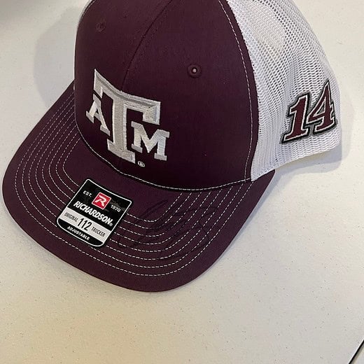 exas A&M x Stewart-Haas Racing co-branded trucker hat, maroon and white.