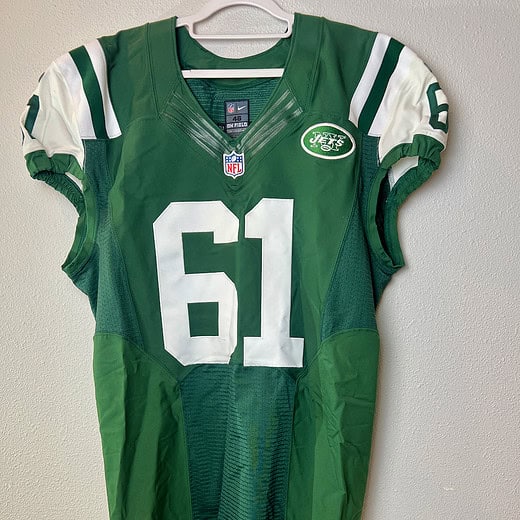 Front of authentic Nike Jets game jersey, green with #61 and Jets logo.