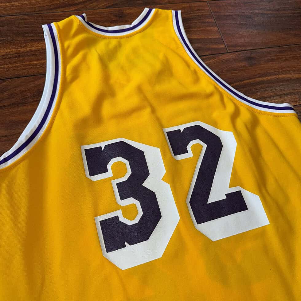 Sand knit 80’s Los Angels Lakers Magic Johnson Jersey Sz L - Image 5