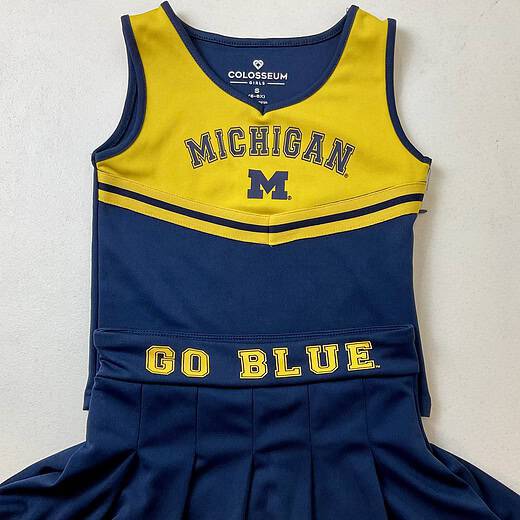 Full Michigan cheer dress set with top and pleated skirt featuring “GO BLUE” waistband.