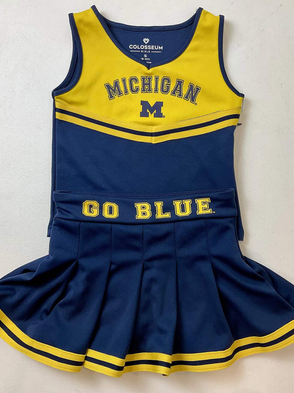 Full Michigan cheer dress set with top and pleated skirt featuring “GO BLUE” waistband.