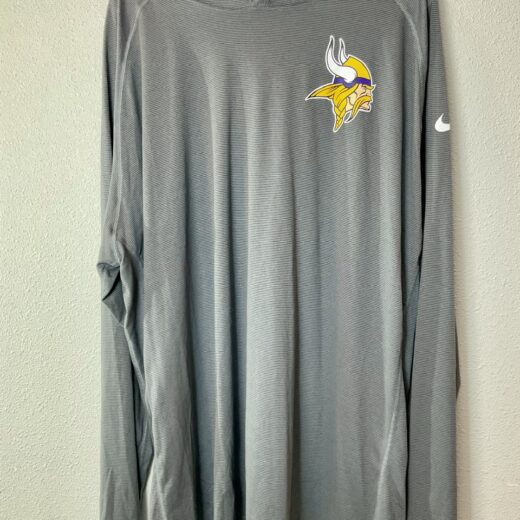 Front view of gray Minnesota Vikings Nike Dri-FIT hooded long-sleeve.