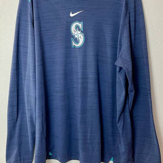 Seattle Mariners Nike Authentic Collection long-sleeve pullover, size XL, navy blue with teal accents.