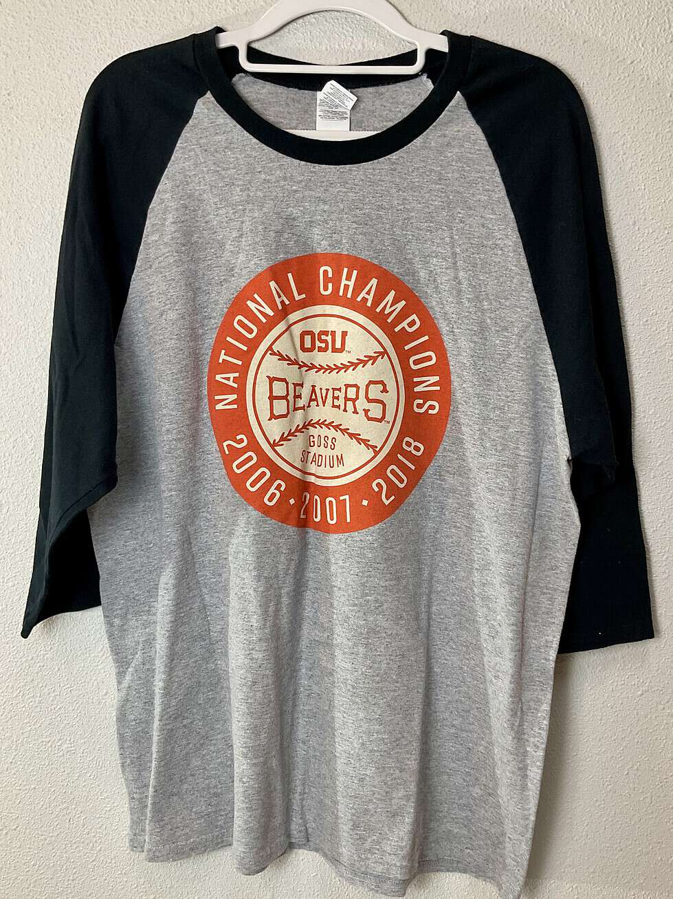 Front view of Oregon State Beavers baseball National Champions raglan tee.