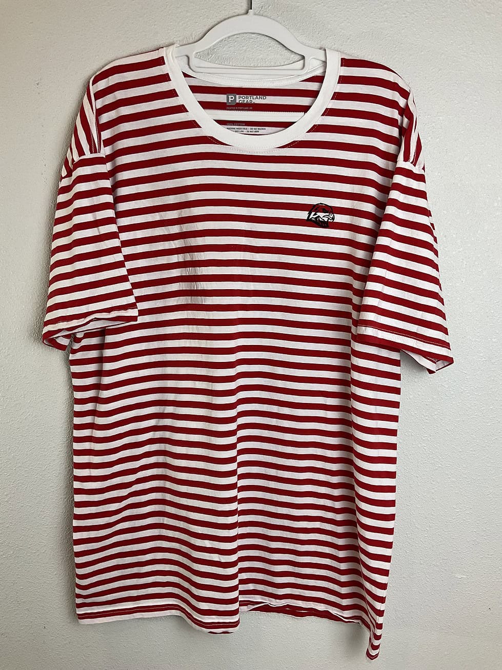 Front view of Portland Winterhawks striped Waldo tee by Portland Gear.