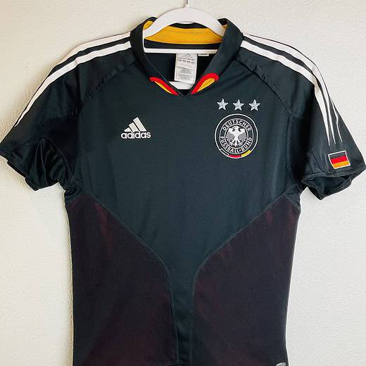 Front view of Germany 2008 Adidas away jersey with three stars and crest.