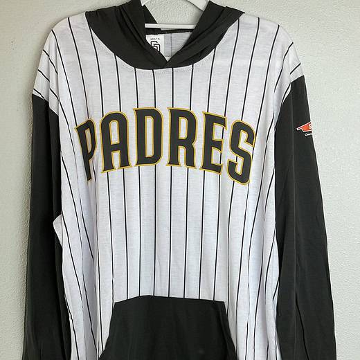 San Diego Padres lightweight pinstripe hoodie with black sleeves, front view.