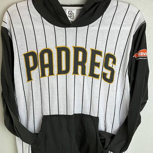 San Diego Padres lightweight pinstripe hoodie with black sleeves, front view.