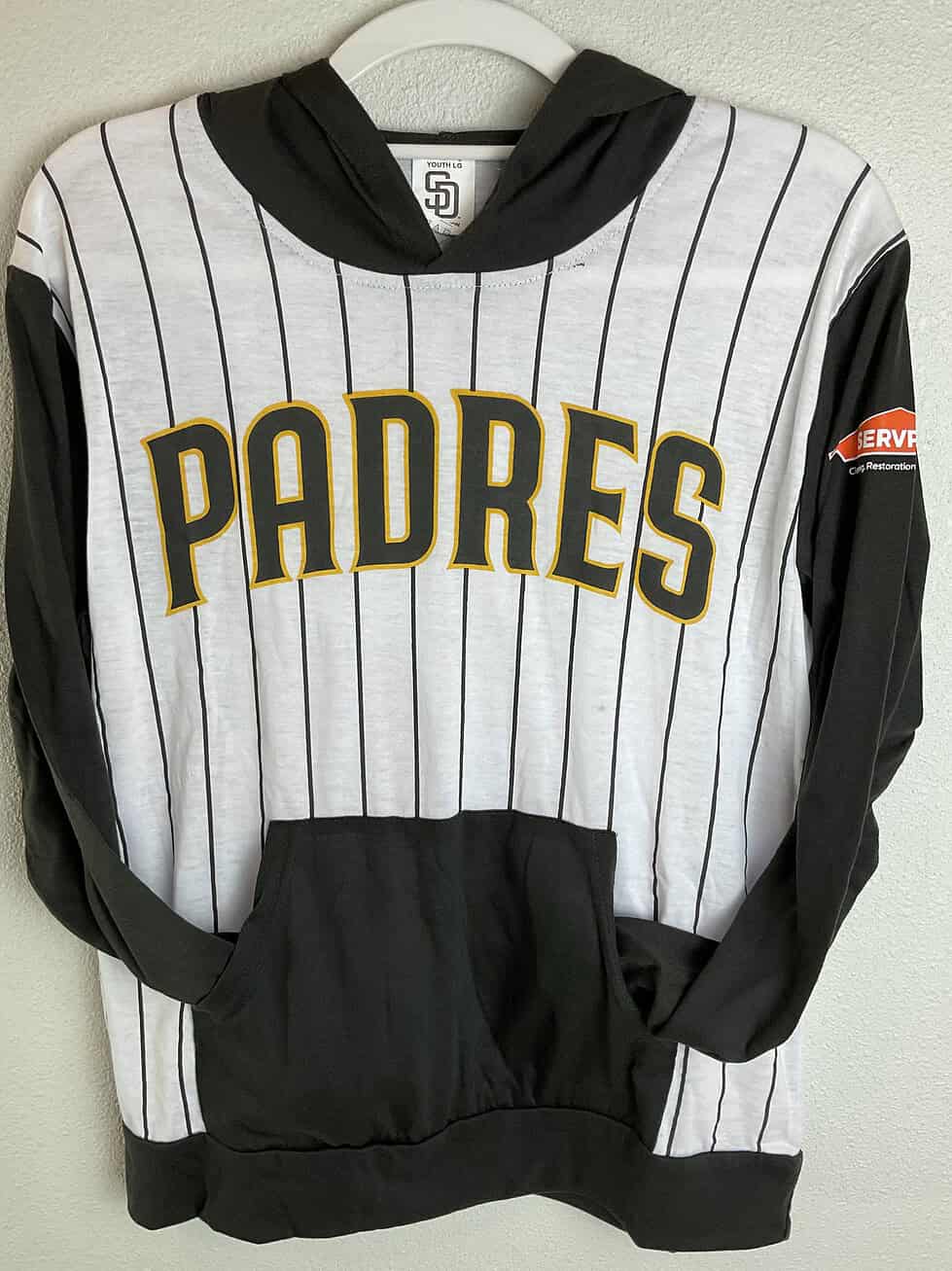 San Diego Padres lightweight pinstripe hoodie with black sleeves, front view.