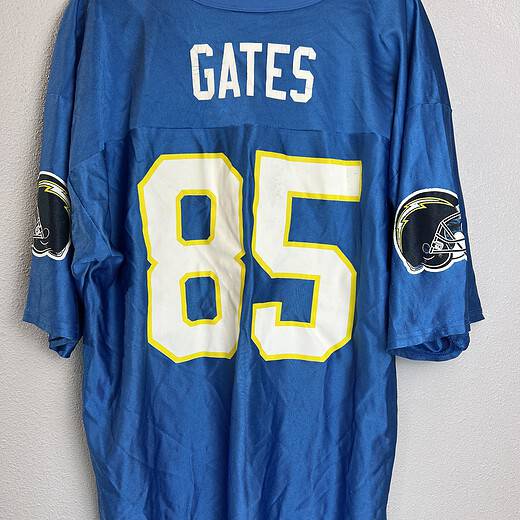 Back view showing “GATES” nameplate and #85 on vintage Chargers jersey