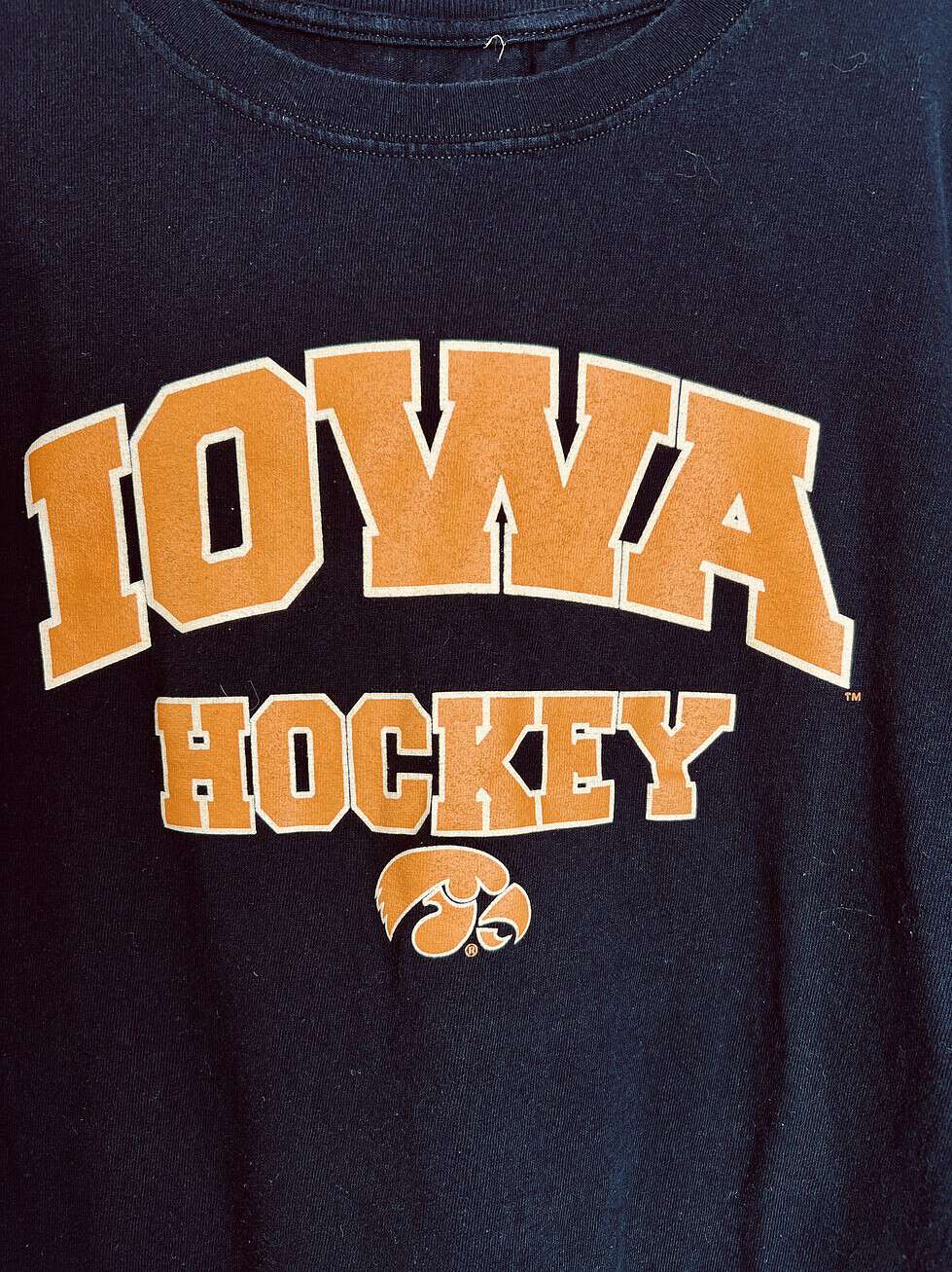 Close-up of Iowa Hawkeyes hockey graphic in bold gold text with team logo.