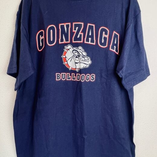 Navy Gonzaga Bulldogs T-shirt featuring bold red and white lettering and Spike the Bulldog graphic.