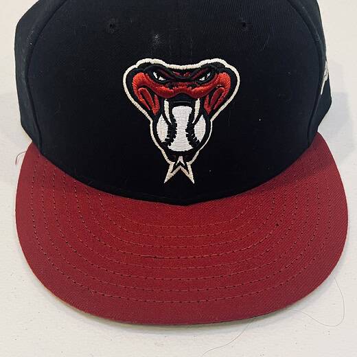 Arizona Diamondbacks fitted hat with black crown and red brim, featuring the snakehead alternate logo with a baseball tongue.