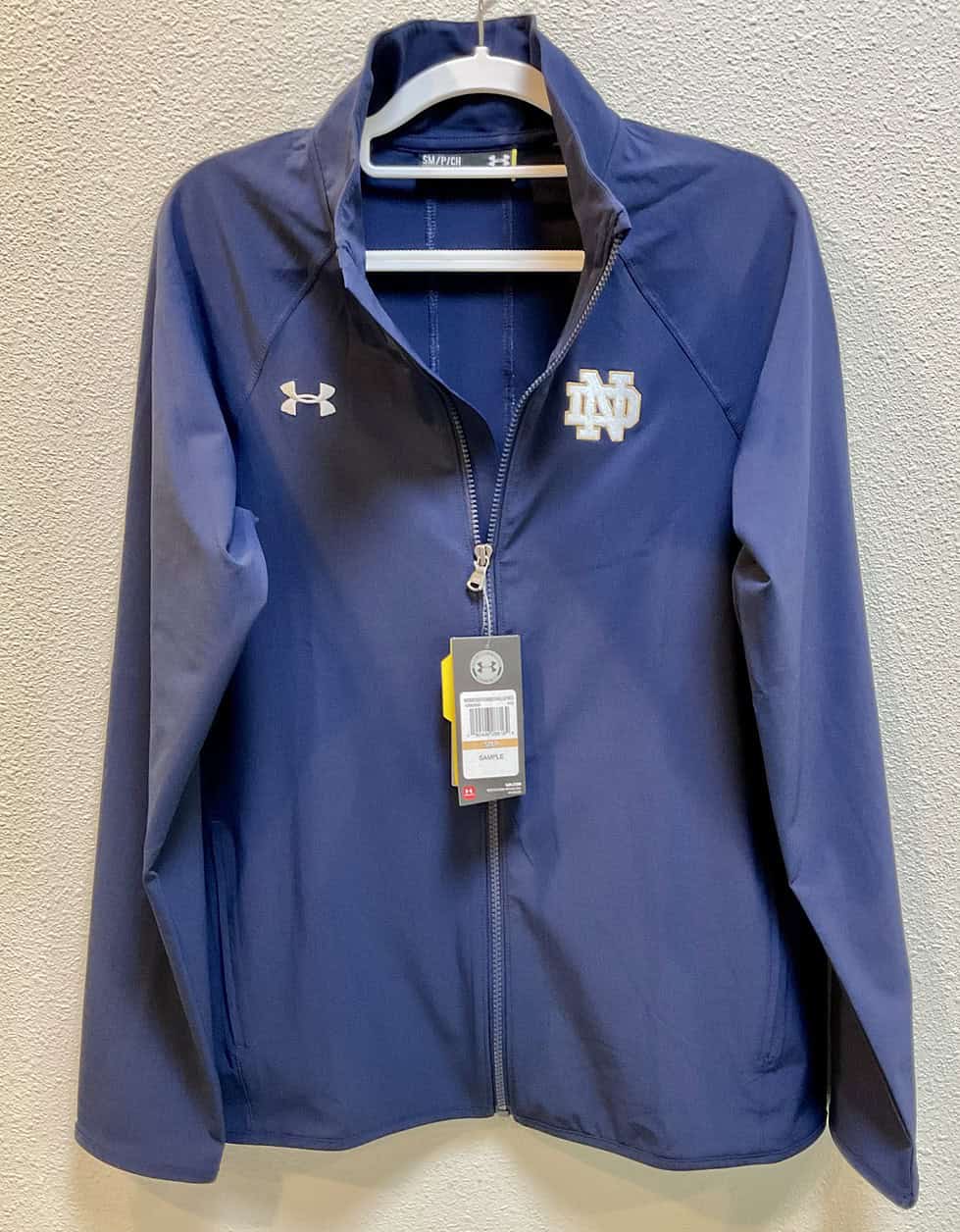 Under Armour Notre Dame Storm1 women’s jacket in navy blue, size small, sample edition with ND logo on chest.