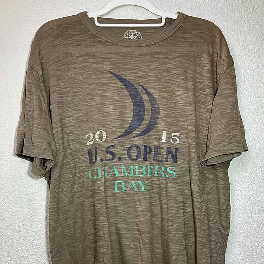 Front view of 2015 U.S. Open Chambers Bay ’47 Brand tee in heathered taupe, size Large