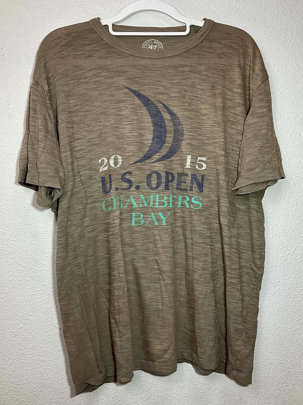 Front view of 2015 U.S. Open Chambers Bay ’47 Brand tee in heathered taupe, size Large