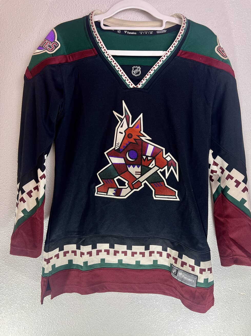 Arizona Coyotes Fanatics Kachina jersey front view with tribal pattern and coyote logo