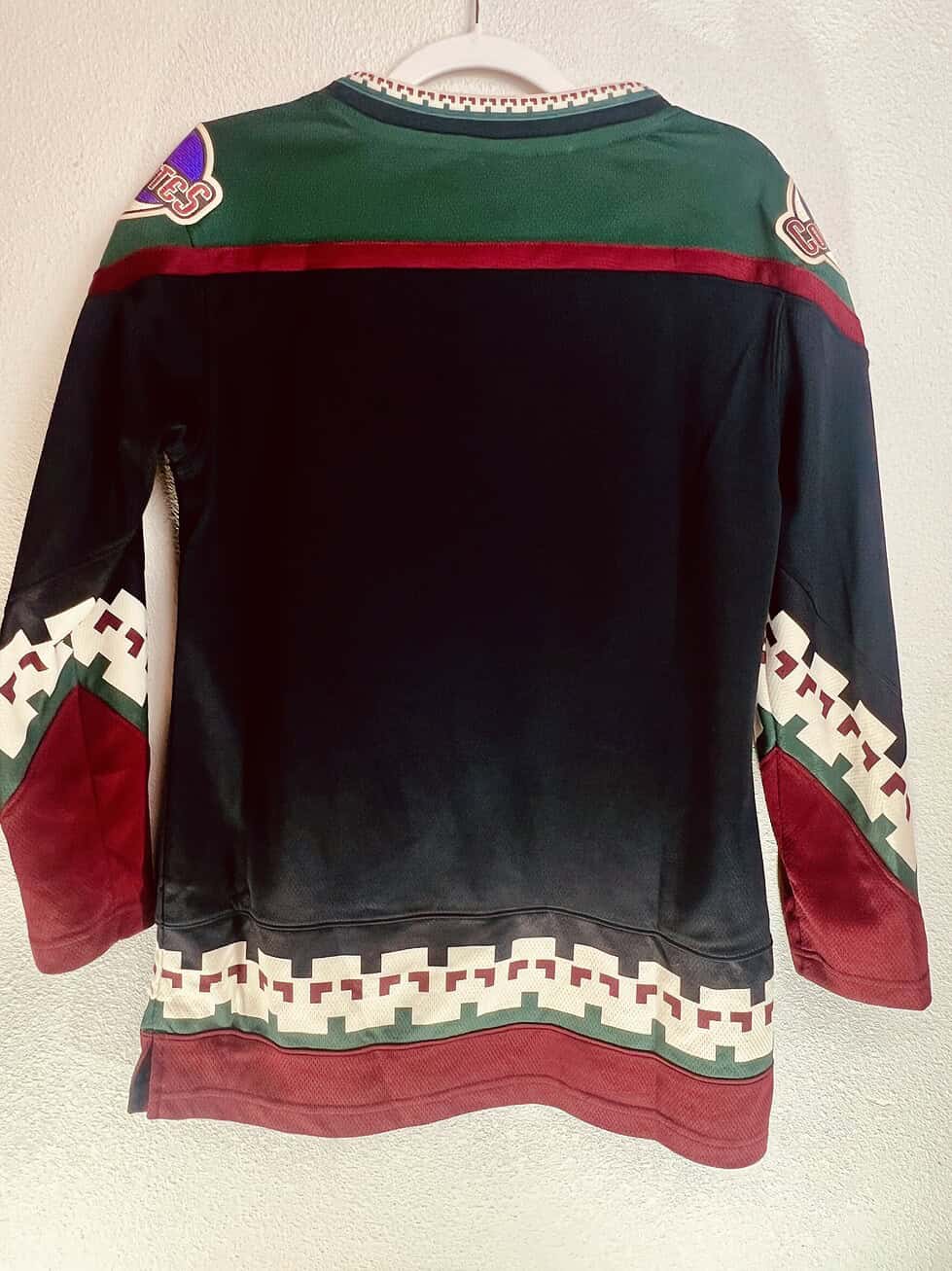 Back view of Arizona Coyotes throwback jersey showing sleeve and hem details