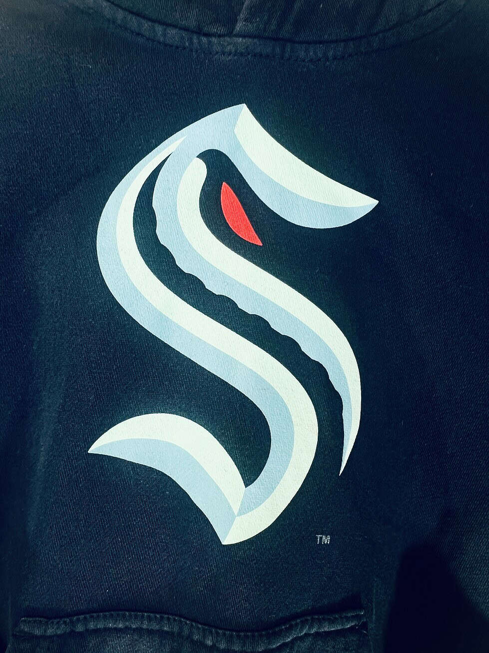 Seattle Kraken team logo against navy blue hoodie.