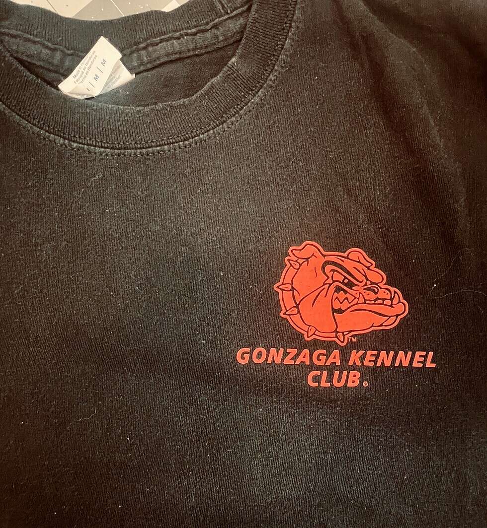 Black Gonzaga Kennel Club t-shirt front with red bulldog logo and club name