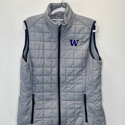 Front view of gray Cutter & Buck lightweight UW Huskies vest, size large