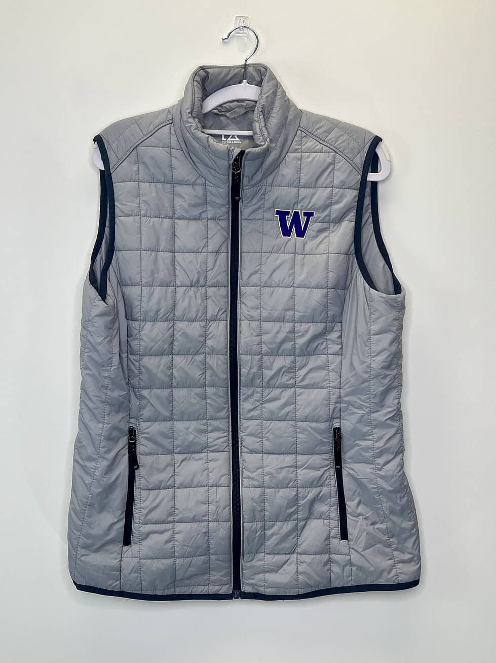 Front view of gray Cutter & Buck lightweight UW Huskies vest, size large