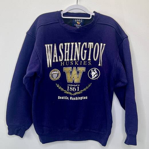 Front and close-up view of vintage Galt Washington Huskies purple sweatshirt, small size, Y2K style