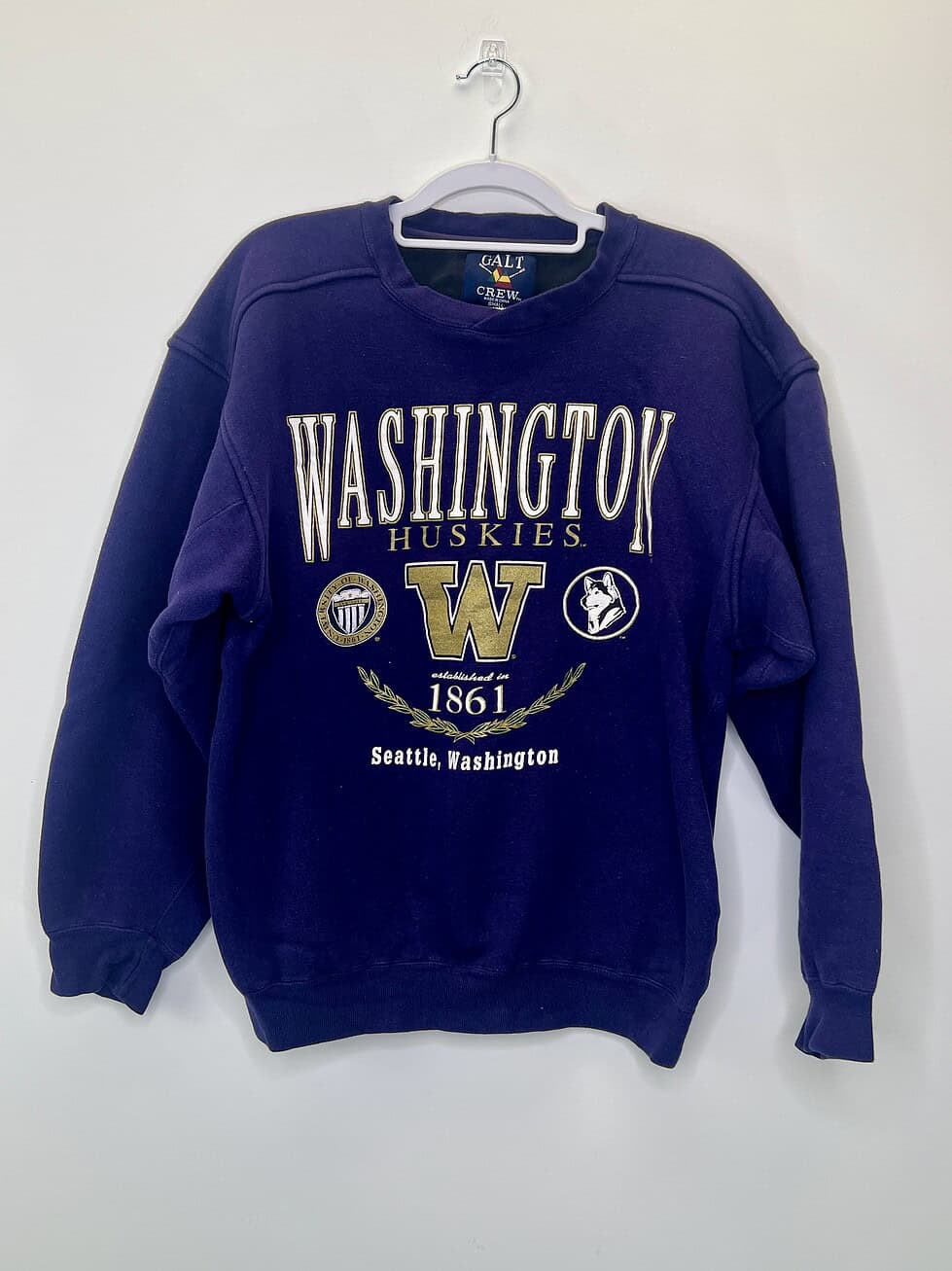 Front and close-up view of vintage Galt Washington Huskies purple sweatshirt, small size, Y2K style