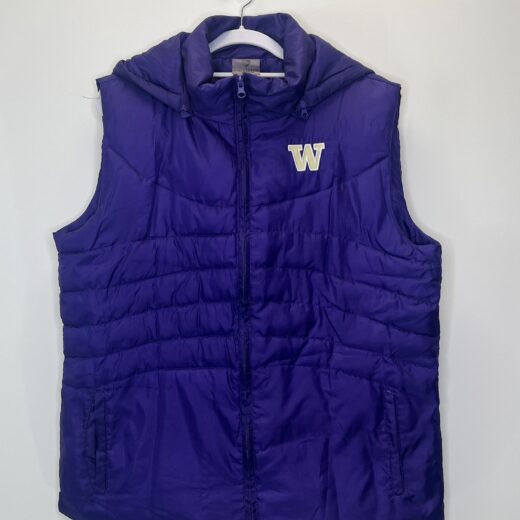 Front view of purple University of Washington Huskies puffer vest by Colosseum, size XL