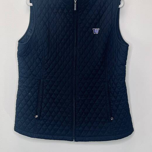 Front view of black Cutter & Buck UW Huskies quilted vest, size large