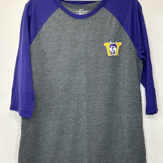 Front of Nike UW baseball tee in gray with purple sleeves, size XL