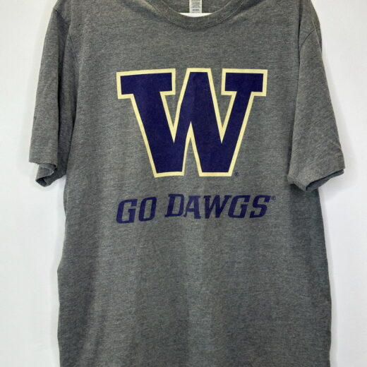 Front of gray UW tee with “GO DAWGS” and purple W logo.