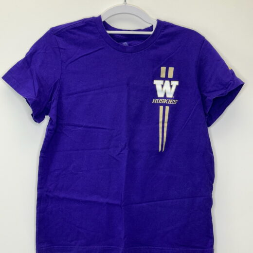 Front view of purple UW Adidas women’s tee with gold stripes and “W” logo