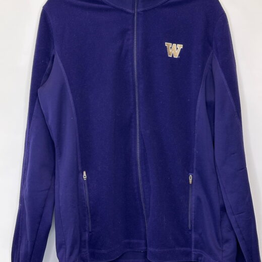 Front view of purple UW Antigua women's full-zip fleece jacket with embroidered “W” logo