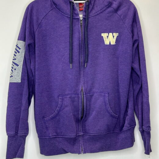 purple Washington Huskies Colosseum full-zip hoodie in size Large with gray sleeve panel and varsity-style logos.