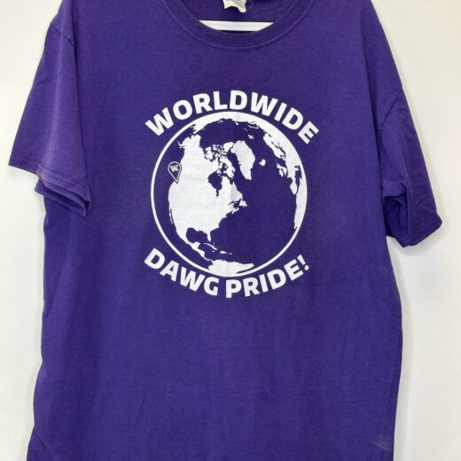Front of purple UW “Worldwide Dawg Pride” T-shirt by Jerzees, size large