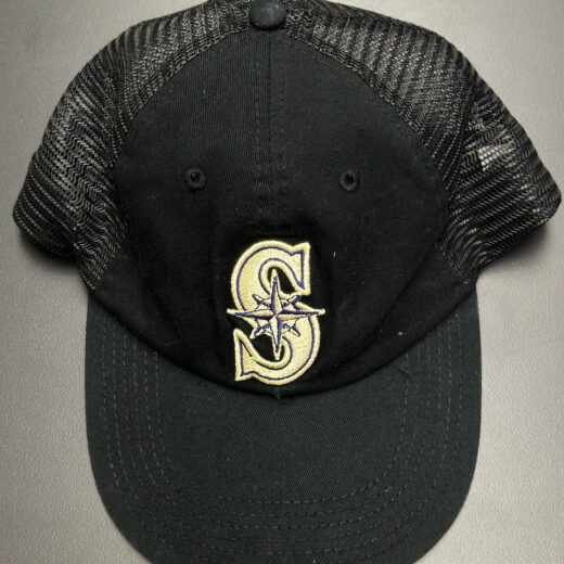 Black mesh snapback hat with Mariners-style S and UW gold detailing