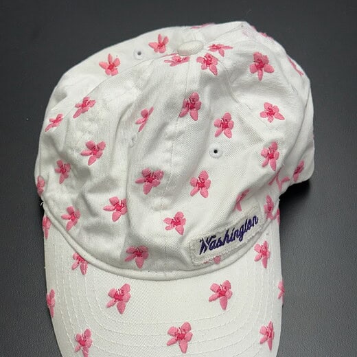 a white adjustable hat embroidered with pink floral designs and "Washington" text in purple on the brim.