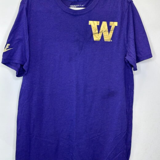 Front of purple Nike Golf UW T-shirt with gold “W” logo, size M