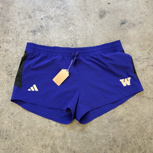 Front view of Adidas team-issued athletic shorts in sample size 8–10 (34–36), featuring a 21" waist and 3" inseam.