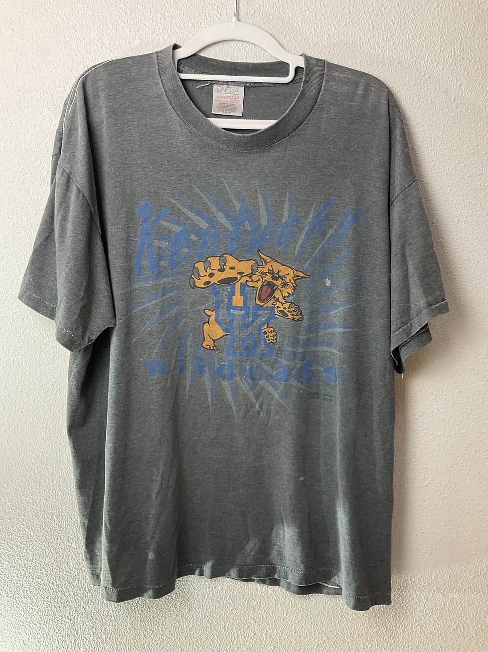 Front view of vintage University of Kentucky Wildcats T-shirt by Oneita, size Large