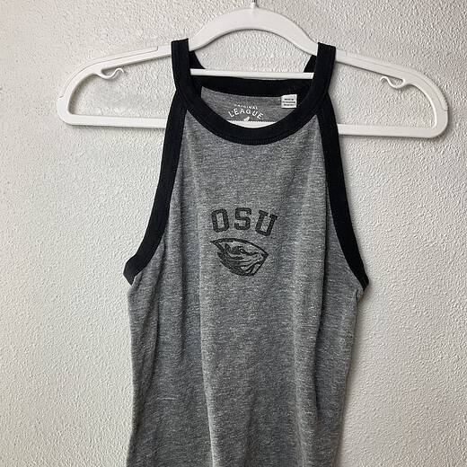 Front view of OSU Beavers tank top on hanger