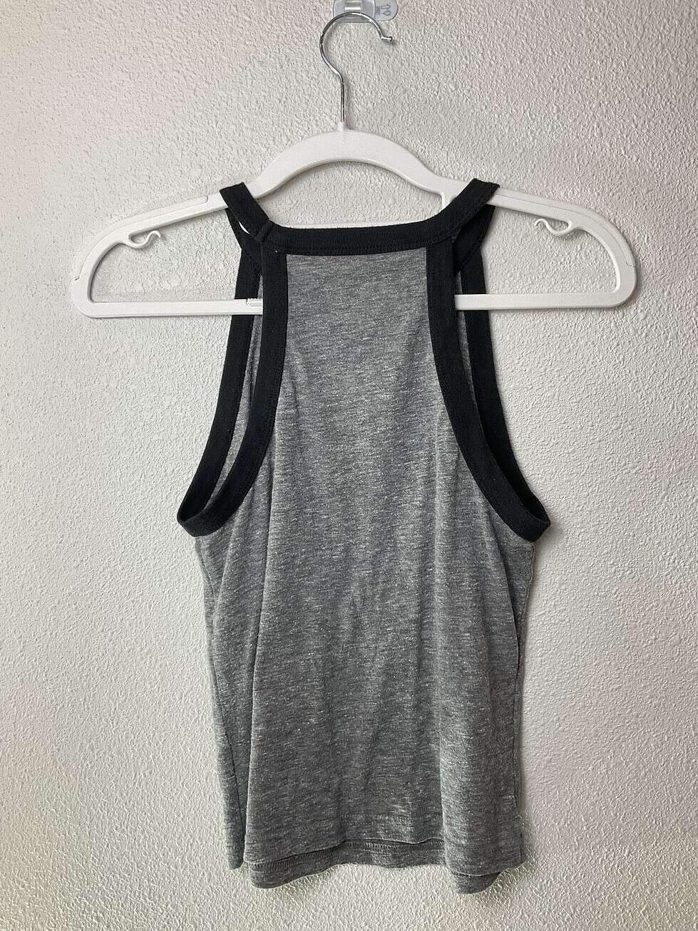Back view of gray racerback tank with contrast trim