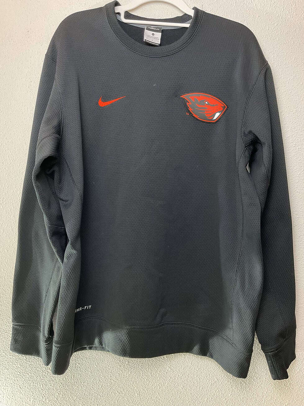 Full view of black waffle-knit Nike Therma-FIT OSU sweatshirt, size Large