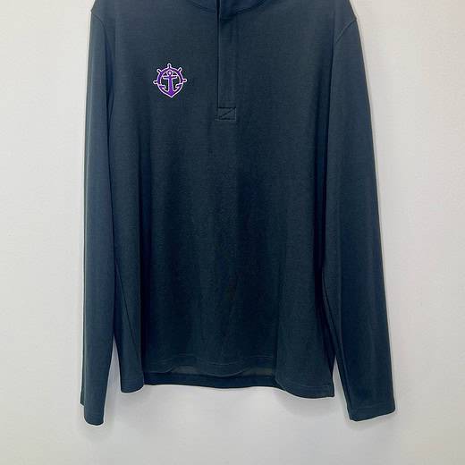 Front view of University of Portland Nike Dri-FIT quarter-zip pullover in dark charcoal with purple anchor logo