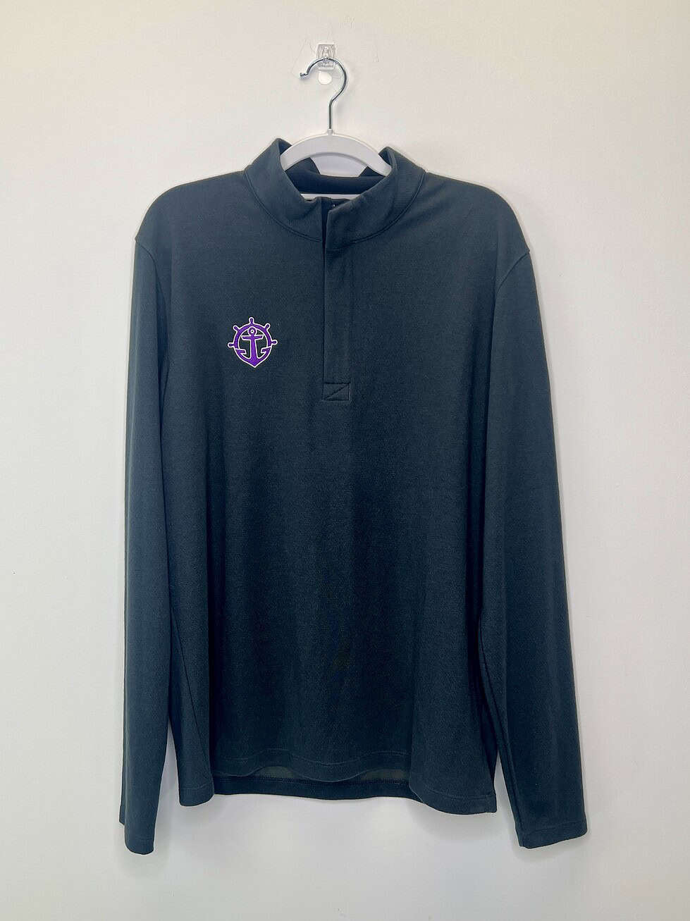 Front view of University of Portland Nike Dri-FIT quarter-zip pullover in dark charcoal with purple anchor logo