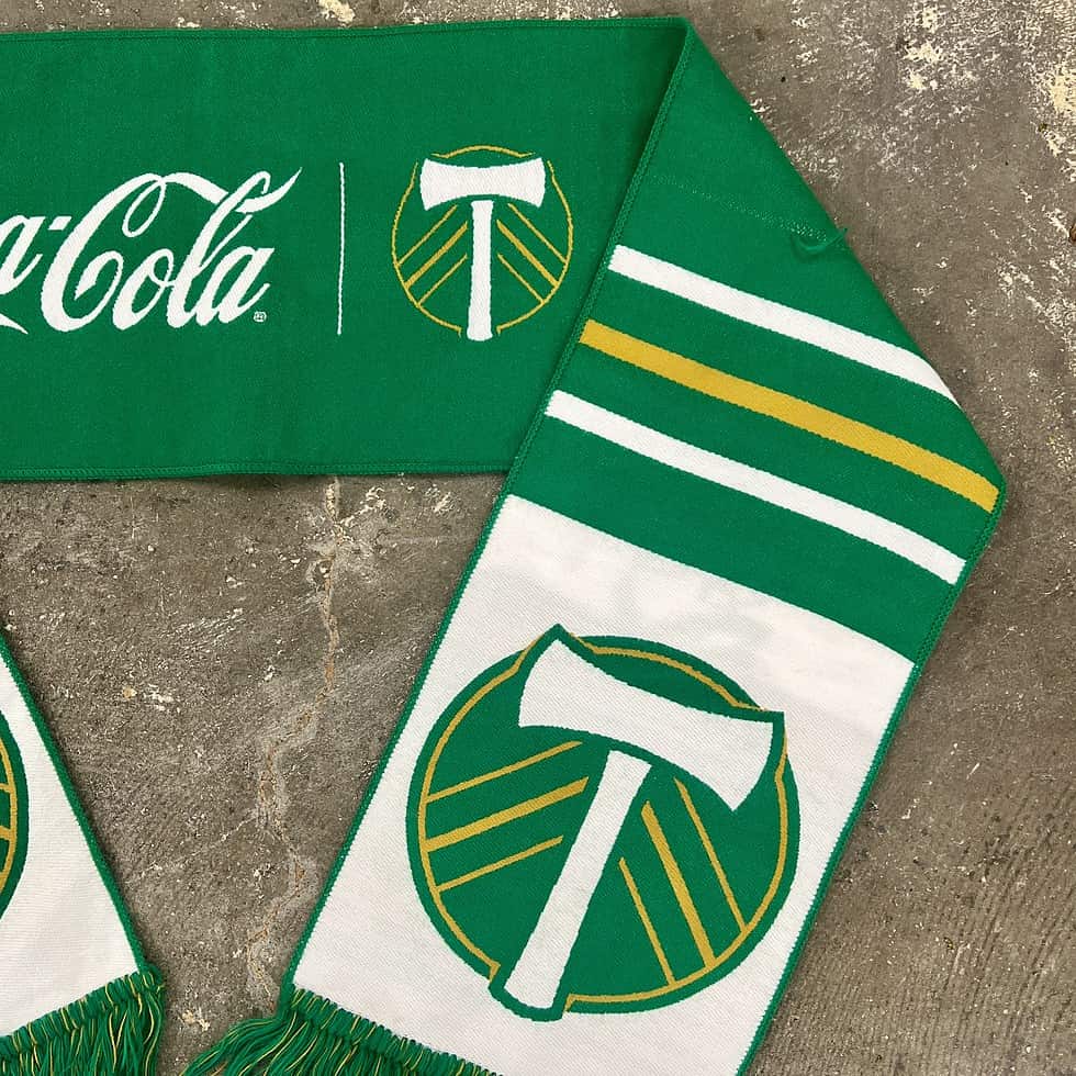Portland Timbers Coca-Cola green and white supporter scarf with axe logo and fringe ends