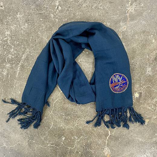 Navy blue scarf with bedazzled New York Islanders logo and fringe ends