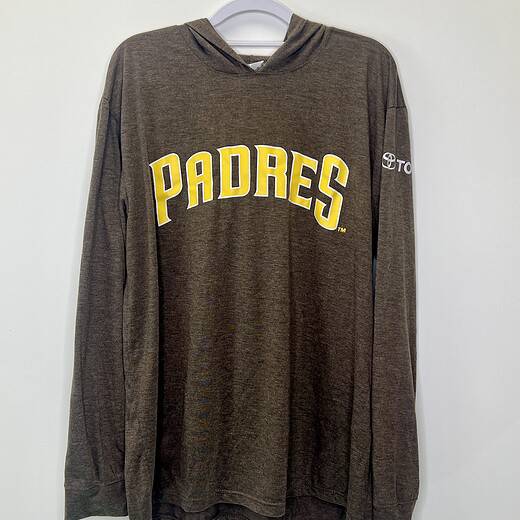 Front brown San Diego Padres hooded long sleeve tee with "PADRES" text across chest and Toyota logo on sleeve.
