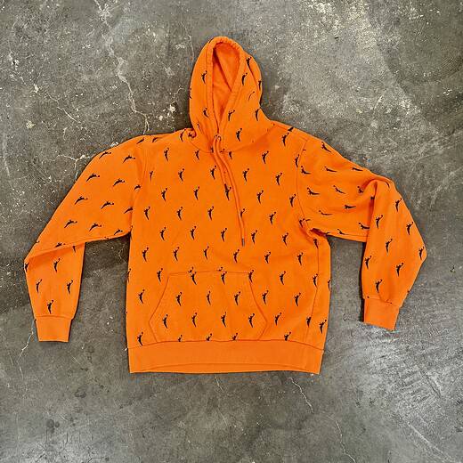Bright orange WNBA hoodie by The Wild Collective with all-over silhouette print, size large, front and back views